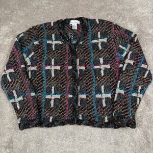 Vtg Cardigan Sweater Debra Lubell Size M Mixed Media Gray Grandma Old Money